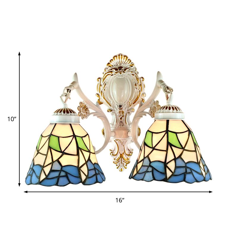 2 Lights Bell Wall Fixture Light Lodge Stained Glass Flower Wall Sconce Lighting for Bedroom Lighting