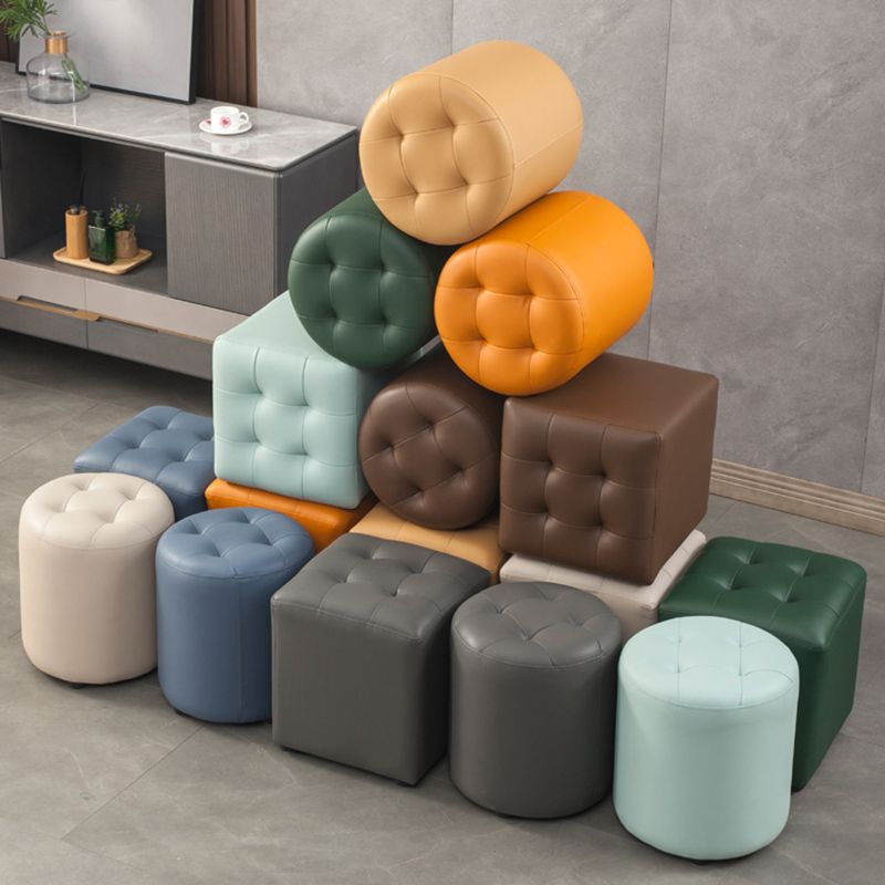 Contemporary Pouf Ottoman Genuine Leather Tufted Upholstered Solid Color Ottoman