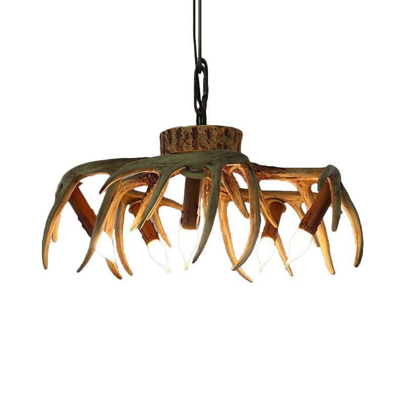 Traditional Candle Hanging Lamp 6 Bulbs Resin Chandelier Light Fixture in Brown for Restaurant
