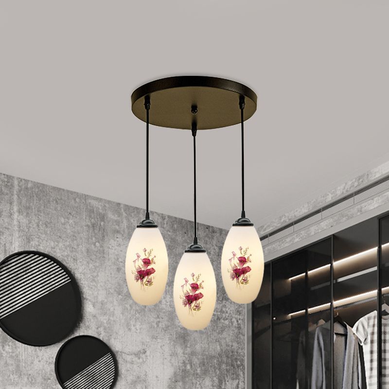 3 Lights Oval Multi-Pendant Modern Black Finish White Printed Glass Ceiling Hang Fixture with Round/Linear Canopy