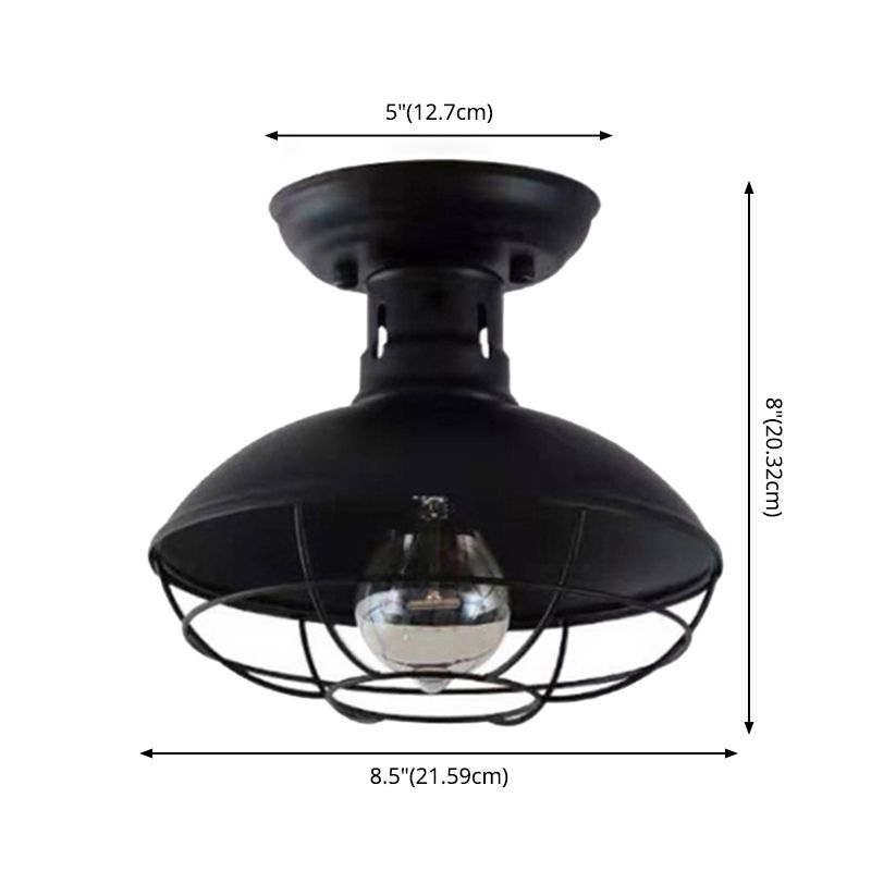 Wire Cage Ceiling Mounted Fixture Retro Style Black Metal Semi Flush Mount Light