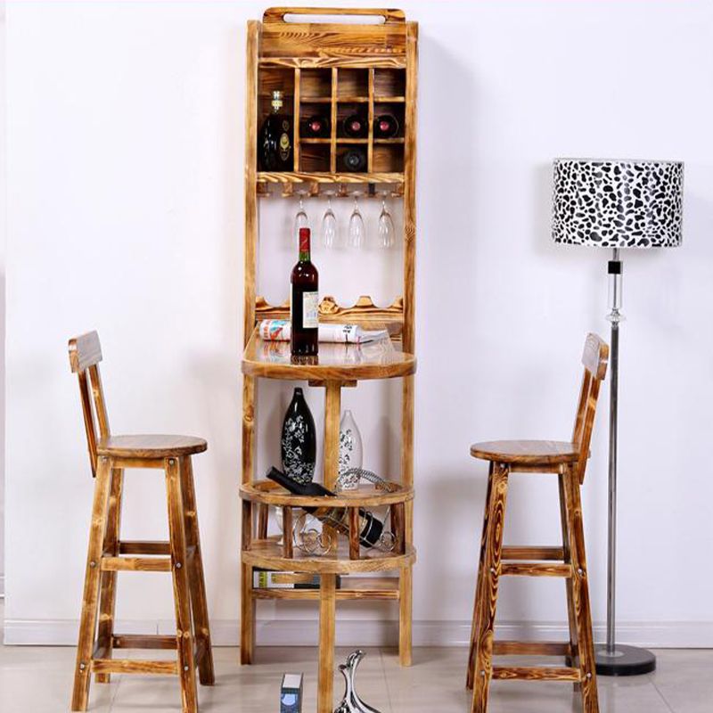 Brown Pine Wood Bistro Table with Wine Holder Pub Table for Home