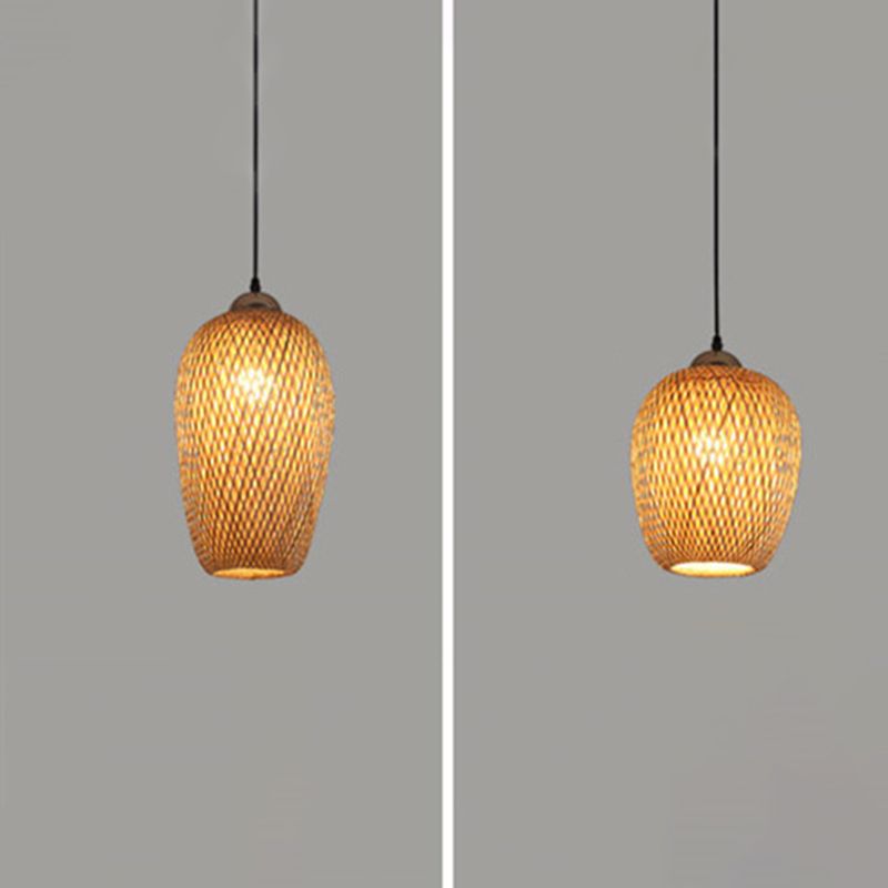 Asian Creative Drum Pendant Light Bamboo Weaving Hanging Lamp for Interior Spaces