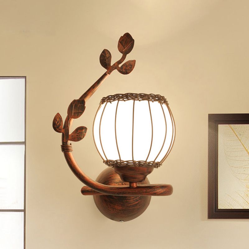1 Light Bedroom Wall Mounted Lamp Rustic Dark Wood Sconce Light with Globe Milky Glass Shade, Right/Left