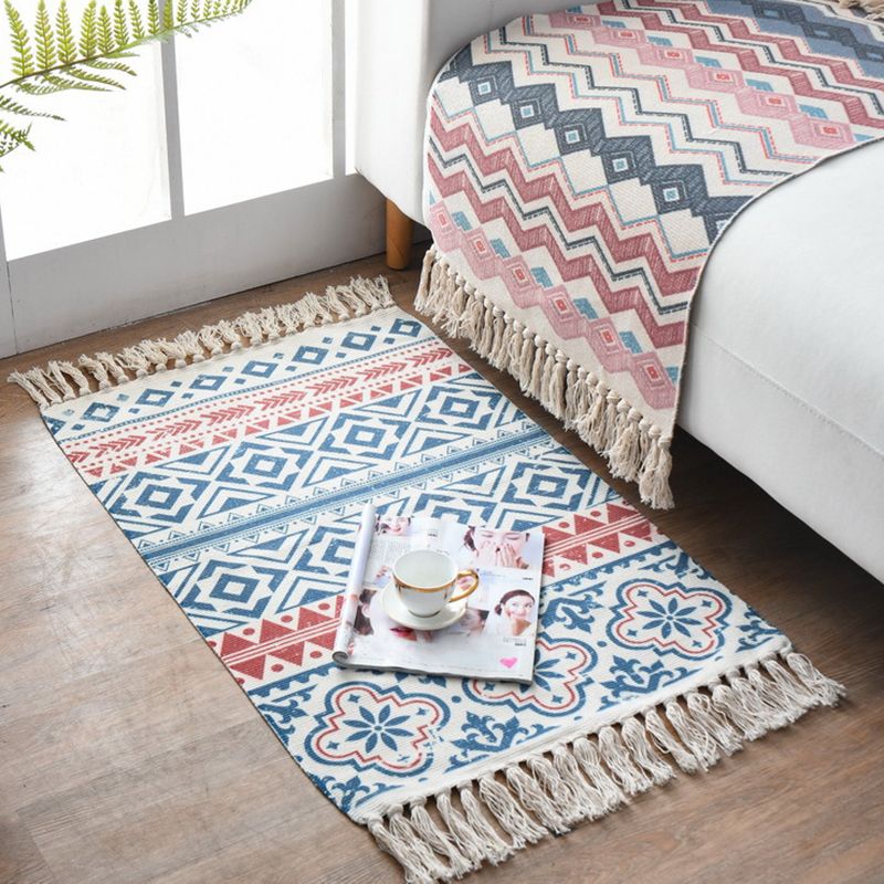 Western Bedroom Rug Multi-Colored Geometric Print Carpet Cotton Blend Machine Washable Easy Care Rug with Fringe