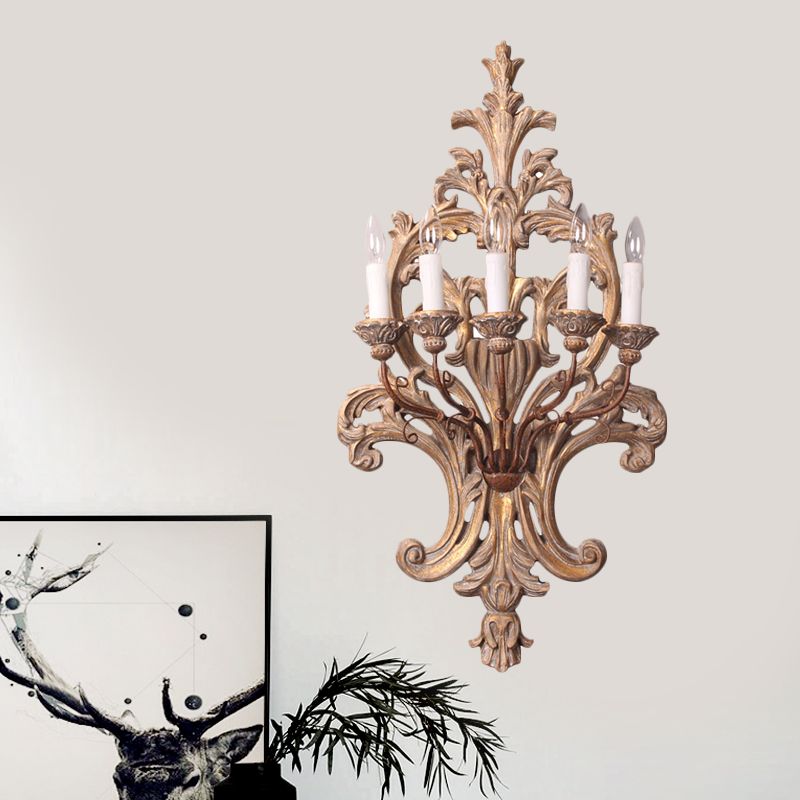 Wood Candelabra Wall Mounted Lamp Rustic Style 5 Lights Bedroom Sconce Light Fixture
