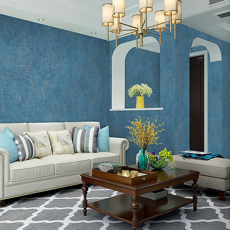 Minimalistic Plain Wallpaper Roll Blue Waterproofing Wall Covering for Living Room