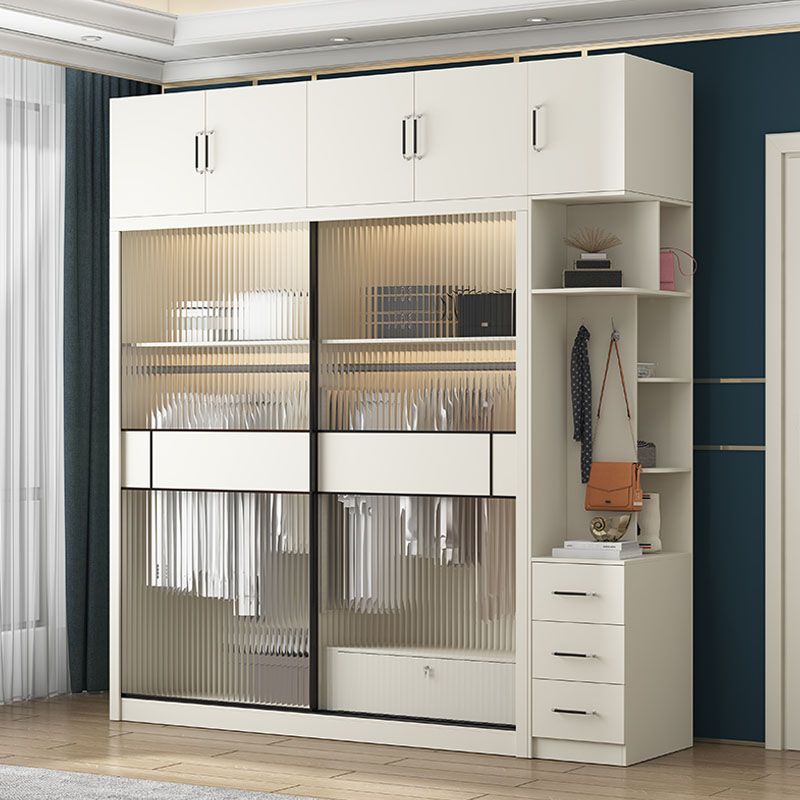 Modern White Wardrobe with Glass Doors Bedroom Cabinet with Sliding Doors