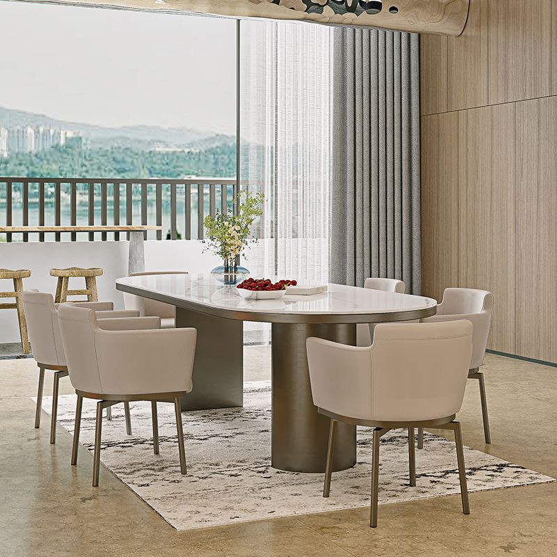 Oval Sintered Stone Dining Table Modern Table in White with Double Pedestal