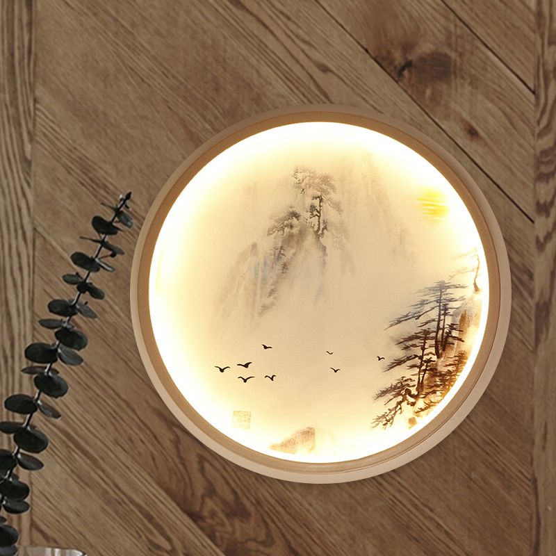 White Circular Wall Mounted Lighting Asia Style LED Metallic Mural Lamp with Pine Tree and Bird Pattern