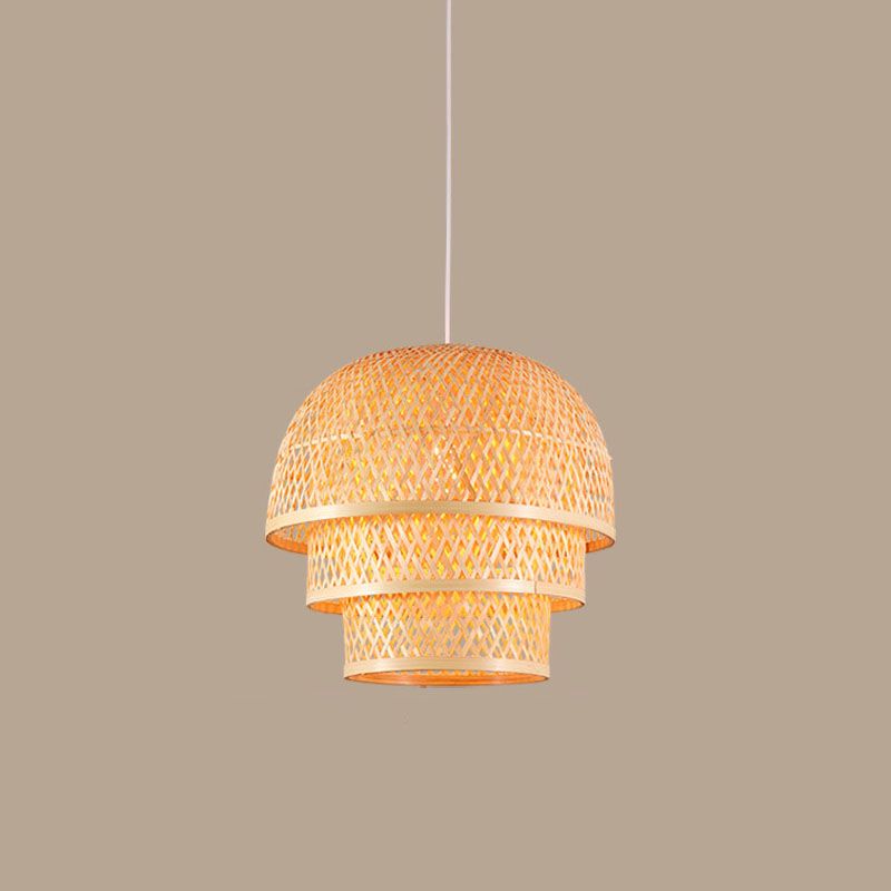 Single Restaurant Down Lighting Pendant Asian Wood Hanging Lamp with Tiered Bamboo Shade