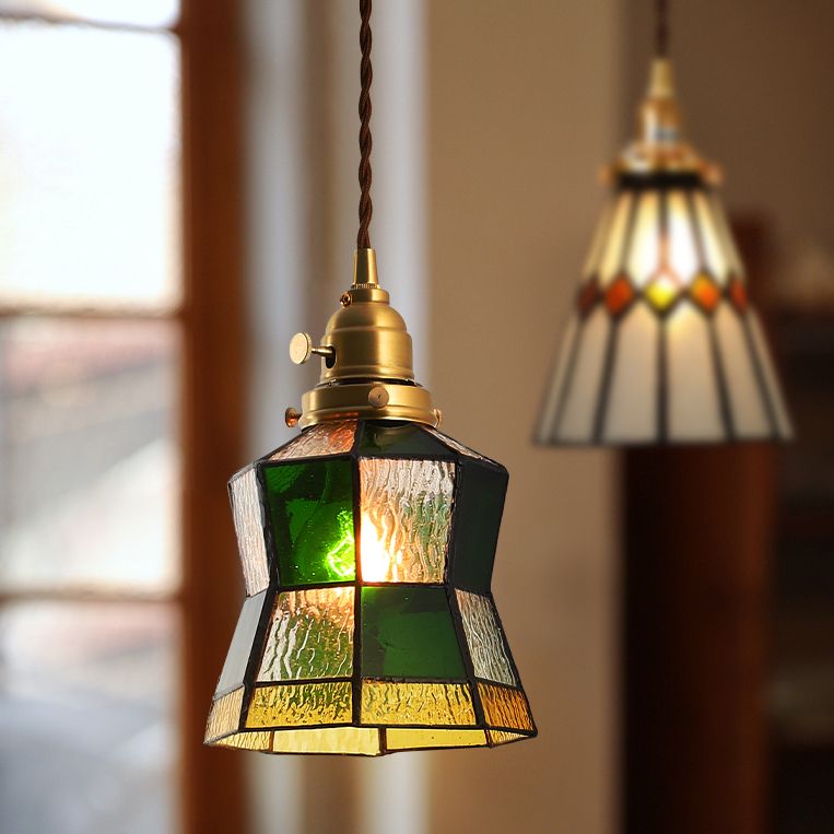 Stained Glass Shade Tiffany Hanging Light Brass Bedroom Mini Pendant Lamp with 63" Hanging Wire