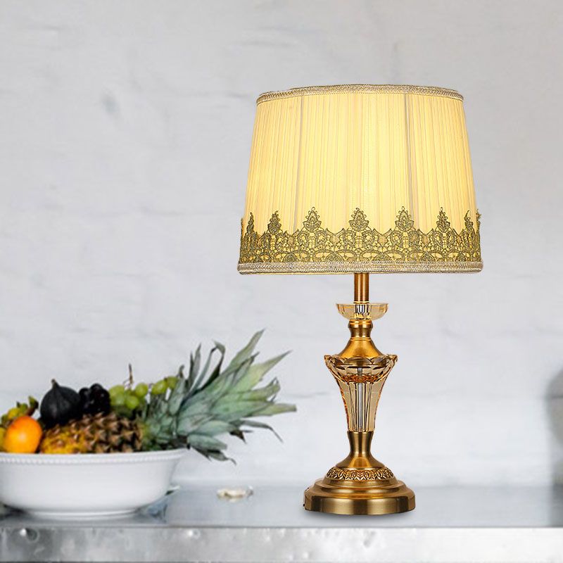 Fabric Beige Table Lamp Tapered Drum 1 Light Minimalism Night Light with Crystal Base