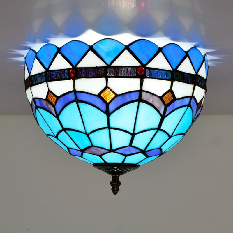 Blue 2/3 Bulbs Ceiling Mount Light Fixture Mediterranean Hand Rolled Art Glass Bowl Flush Mount Lighting, 12"/16" W