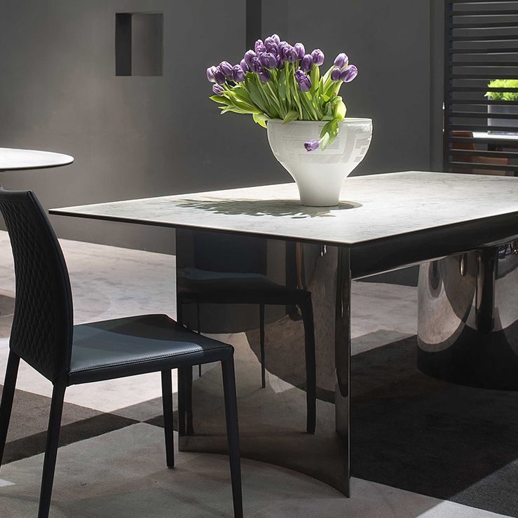 Mesa rectangular de lujo tradicional de metal, mesa de piedra sinterizada blanca para cocina y comedor
