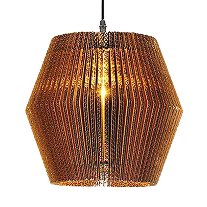 1 lampe à suspension légère avec cylindre / ombre ovale en papier ondulé de papier élégant asiatique élégant luminaire en marron en marron