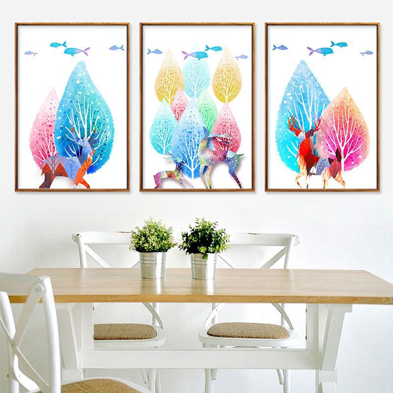 Canvas Home Wall Decor Modernist Elk and Tree Art Print in Blue, Multiple Size Available