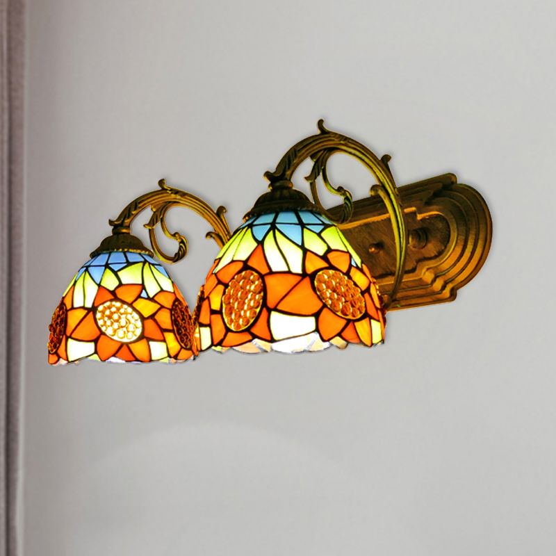 Sunflower Wall Lighting with Stained Glass Bowl Shade 2 Lights Loft Sconce Light in Orange