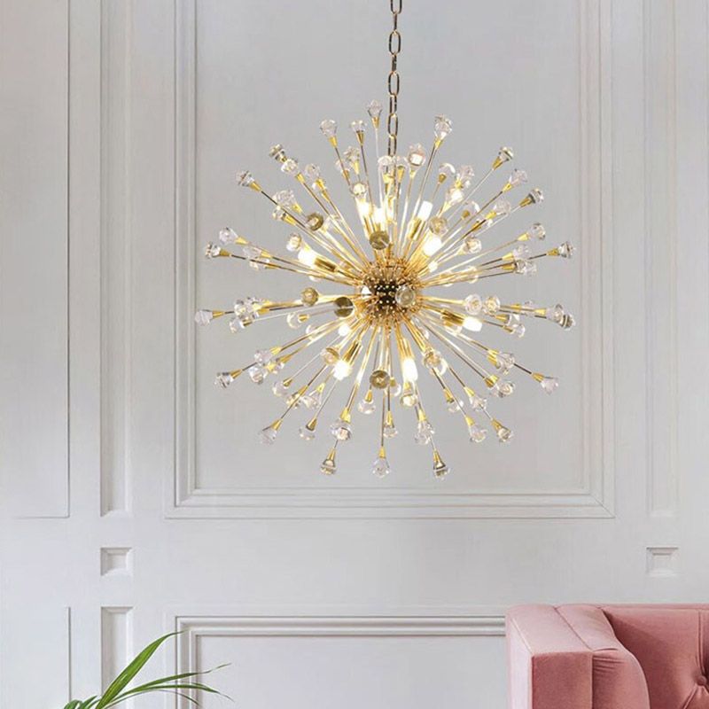 Gold Sputnik Chandelier Pendant Light Postmodern 12 Crystal Beaded Hanging Light