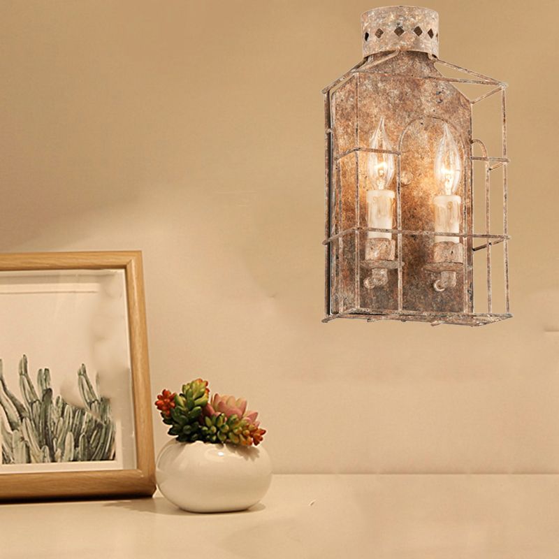 Country Candle Sconce Light Fixture 2-Bulb Metal Wall Mount Lighting in Rust for Indoor with Cage