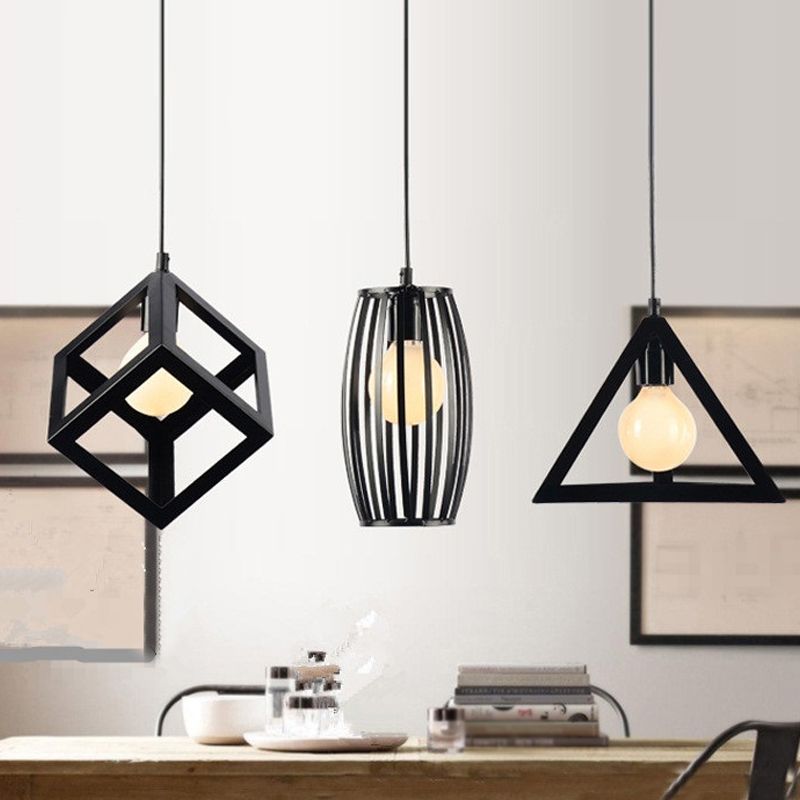 1 Bulb Iron Hanging Pendant Industrial Black Cylinder/Triangle/Square Dining Room Suspension Light