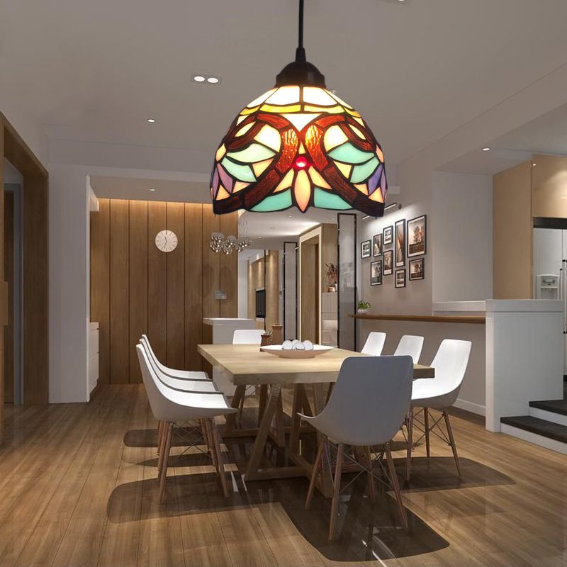 Bowl Shade Hanging Lighting 1 Light Hand Cut Glass Mediterranean Pendant Lamp in Blue