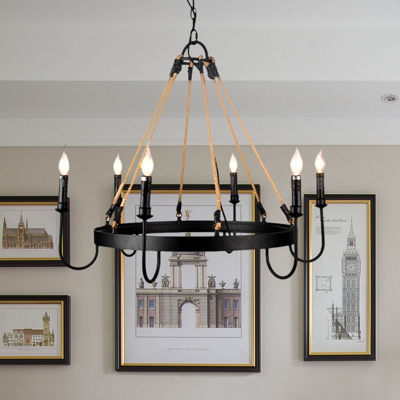 Lámpara de lámpara de vela vintage con bombilla abierta 6 cabezas de metal y lámpara colgante de techo de cuerda en negro/óxido para restaurante