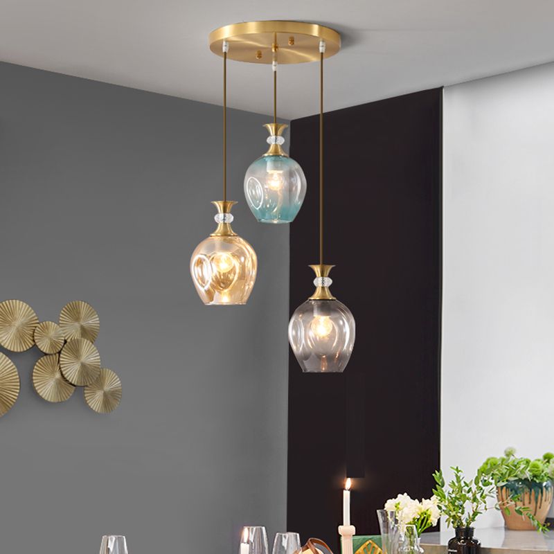 Gold Tulips Cluster Pendant Light Modernist 3 Heads Tan-Blue-Grey Dimpled Glass Ceiling Lamp