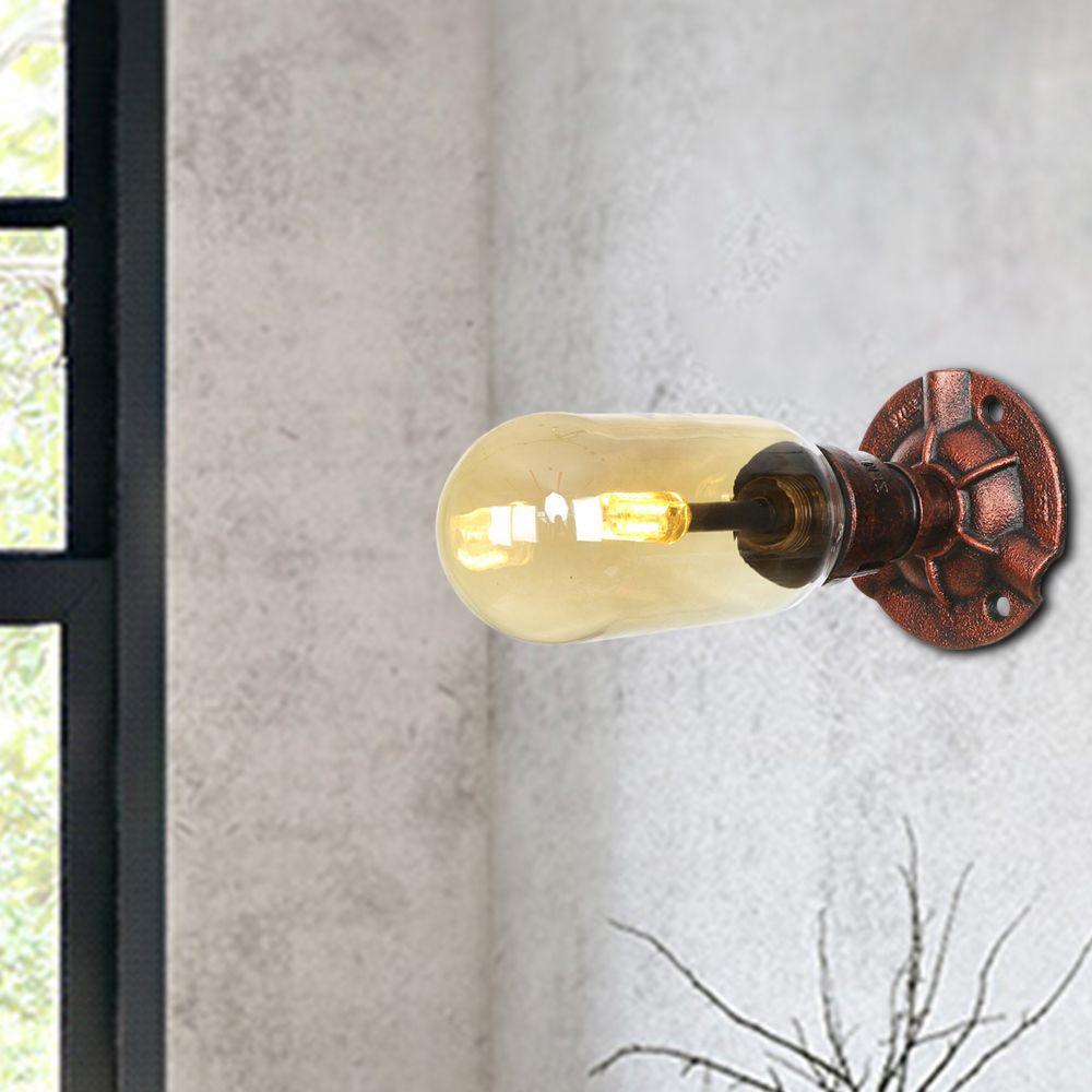 Capsule Amber Glass Wall Lighting Vintage 1/2 Bulbs Living Room Sconce Lamp in Weathered Copper