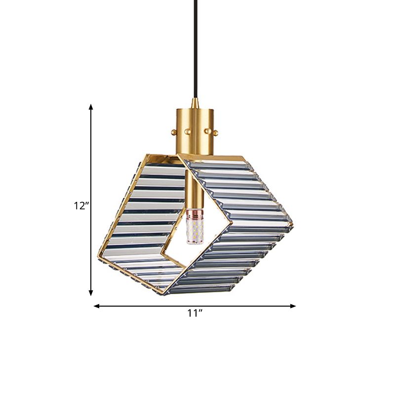 4-Side Prismatic Crystal Suspension Lamp Mid Century Single Bulb Dining Table Pendant Lighting Fixture in Brass