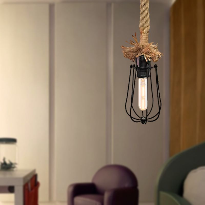 Lampada di sospensione a forma di lampadina nera industriale 1 illuminazione a sospensione in metallo con protezione e corda regolabile