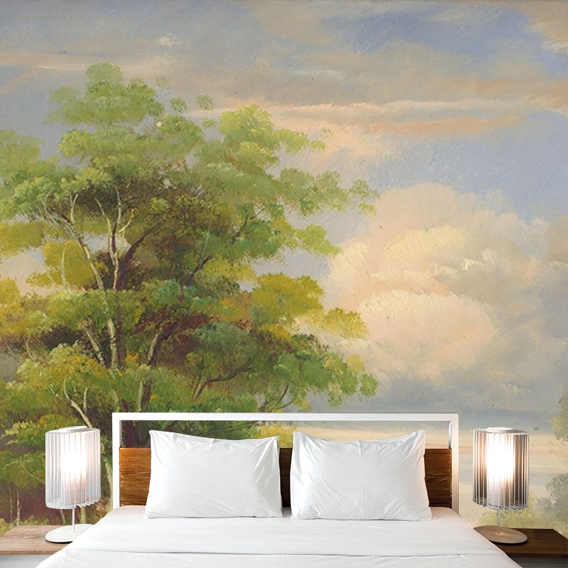 Modern Birch Tree Mural Wallpaper Green-White Living Room Wall Decor, Custom Size