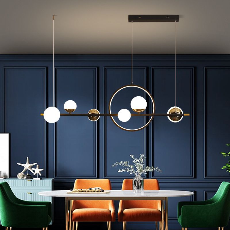 Modern Kitchen Island Fixture 6 - Head Metal and Glass Ceiling Pendant Lighting in Black