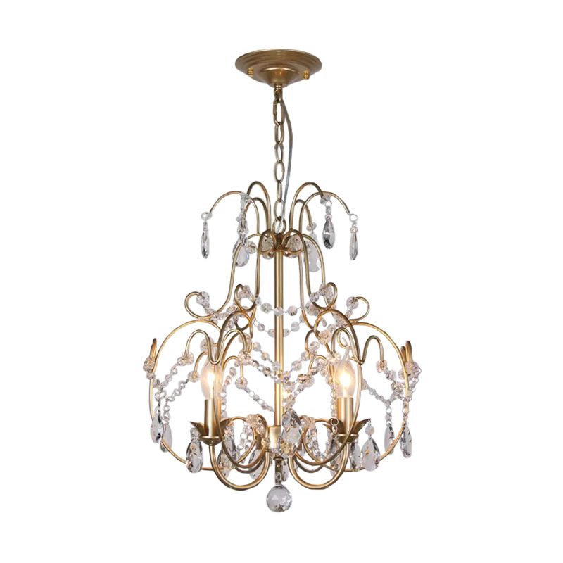 Clear Crystal Beads Gold Chandelier Lantern 3 Bulbs Contemporary Suspended Lighting Fixture