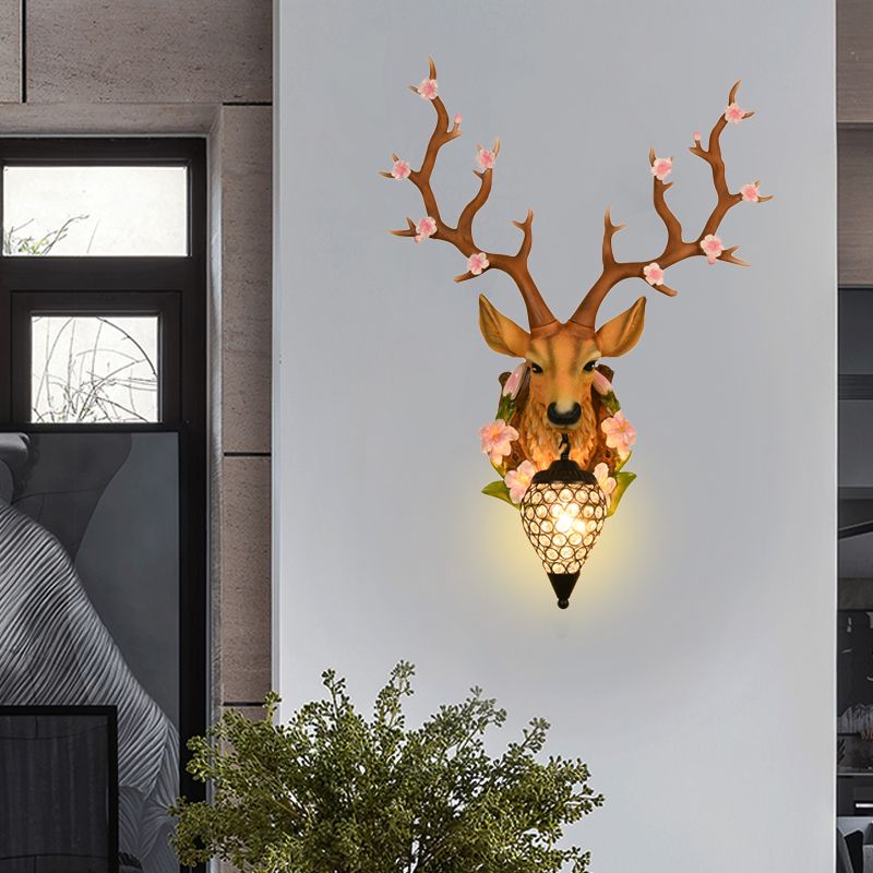White/Yellow 1 Light 16.5"/23" W Sconce Light Traditional Resin Deer Wall Lighting Fixture with Teardrop Crystal Shade