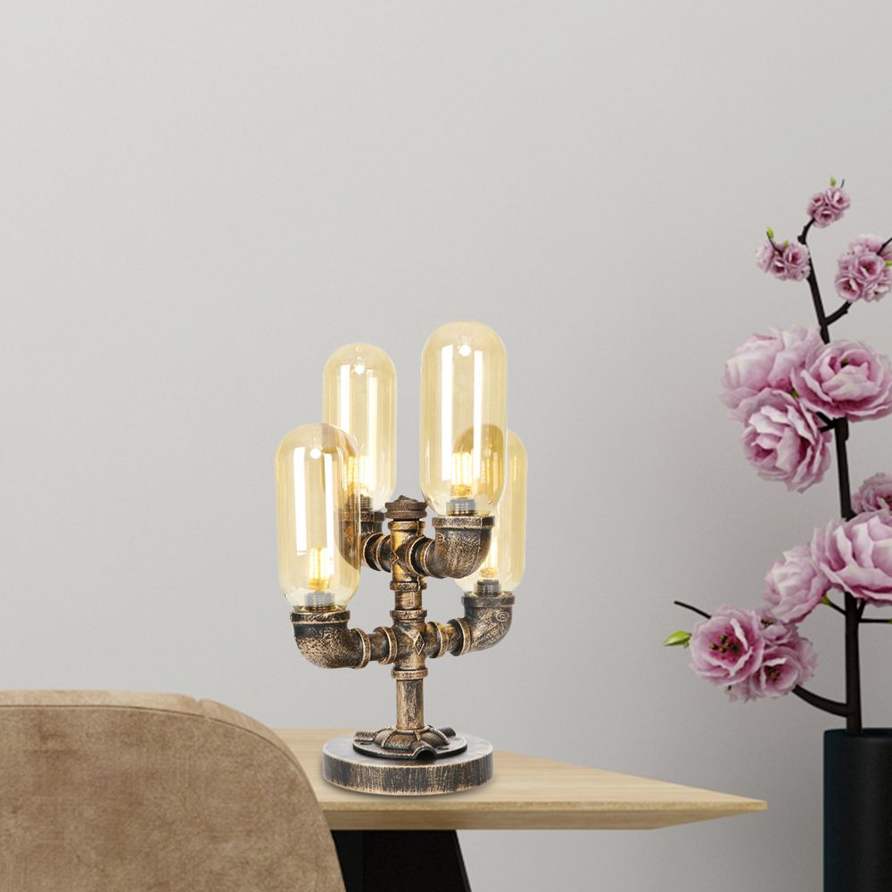 4 Bulbs LED Table Lighting Vintage Capsule Shade Amber/Clear Glass Nightstand Lamp for Bedroom