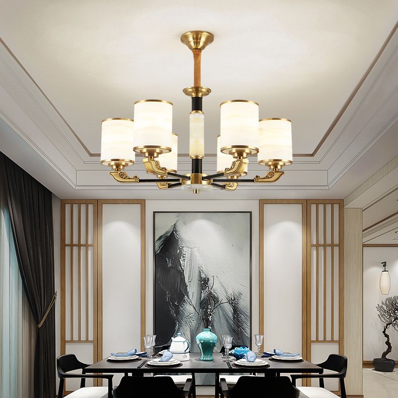 Hedendaagse cilindrische hangende hanglamp koper plafond kroonluchter met glazen schaduw