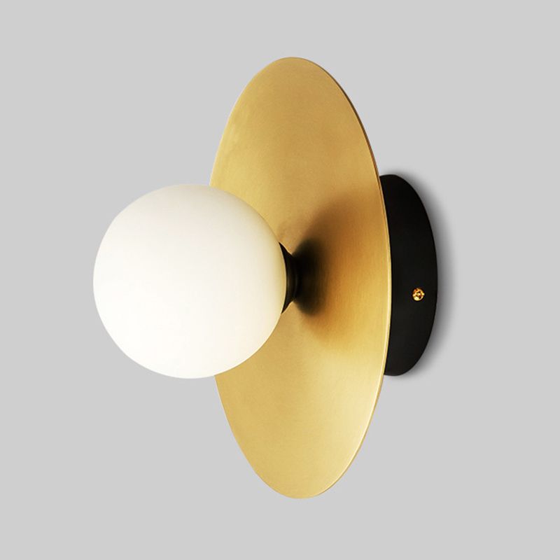 9 Inches Height Round Metal Piece Wall Sconce Post-modern Style White Glass Shade Mini Bedside Wall Light