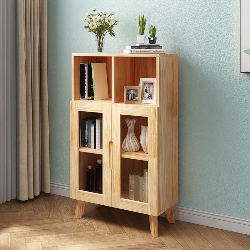 Pine Wood Glass Paned Accent Cabinet 47.6" Tall Natural Storage Chest