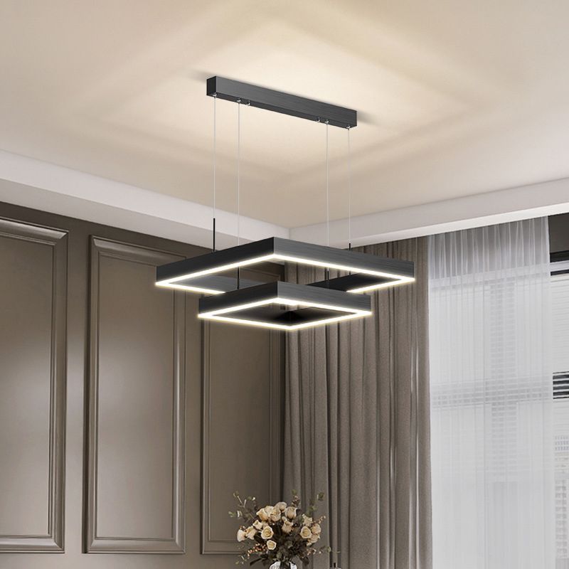 Modern Metal Chandelier Multi-Layer Square Chandelier Pendant Lamps in Black for Living Room