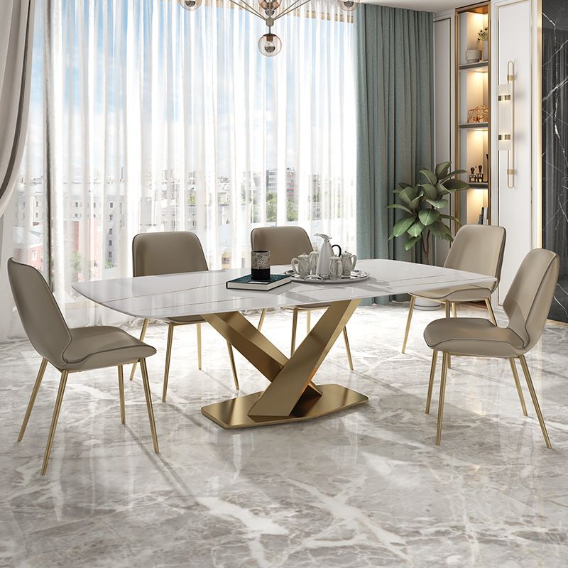Metal Traditional Luxury Rectangle Table Sintered Stone Dining Table with Pedestal Base