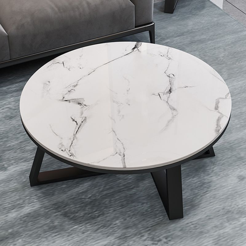 Glam Style Round Coffee Table with Iron Cross Base and White Top