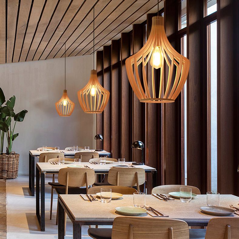 Cage Shaped Wooden Pendant Minimalism 1 Bulb Beige Suspension Lighting for Restaurant