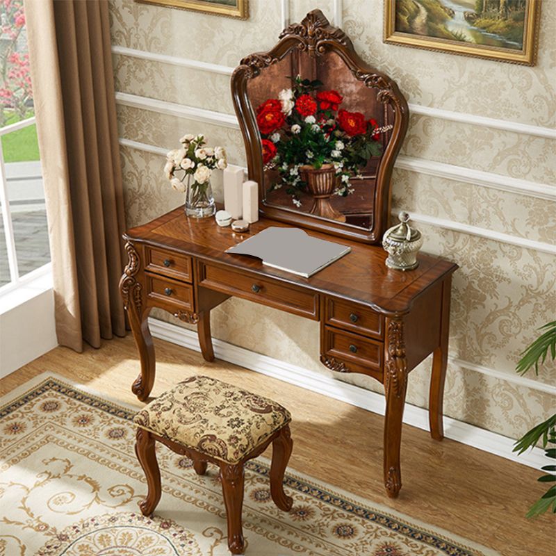 5-Drawer Solid Wood Vanity Makeup Dressing Table with Mirror & Stool in Brown