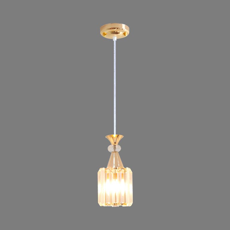 Crystal Prisms Cylinder Ceiling Light Fixture Simple Single Suspension Pendant in Gold