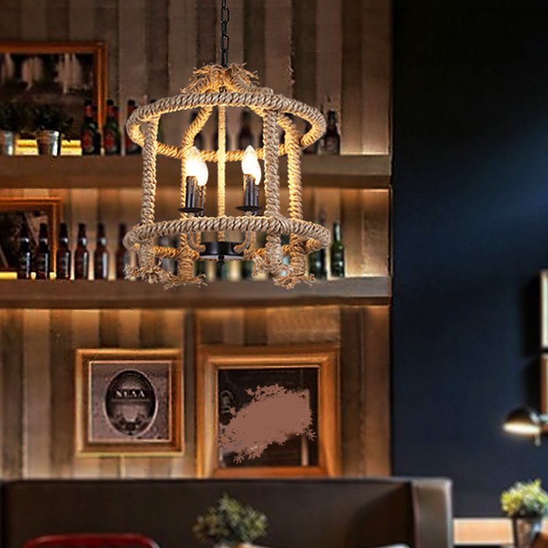 Beige 4 Lights Chandelier Light Fixture Traditional Rope Cylinder Pendant Lamp for Dining Room