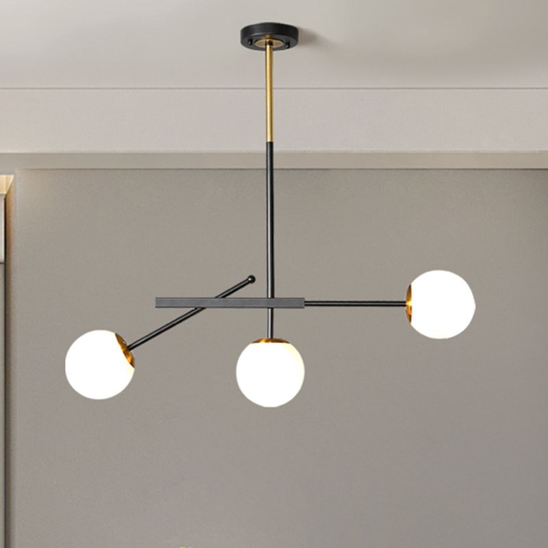 Black-Gold Branching Suspension Pendant Modern 3 Lights Opal Ball Glass Chandelier Lighting