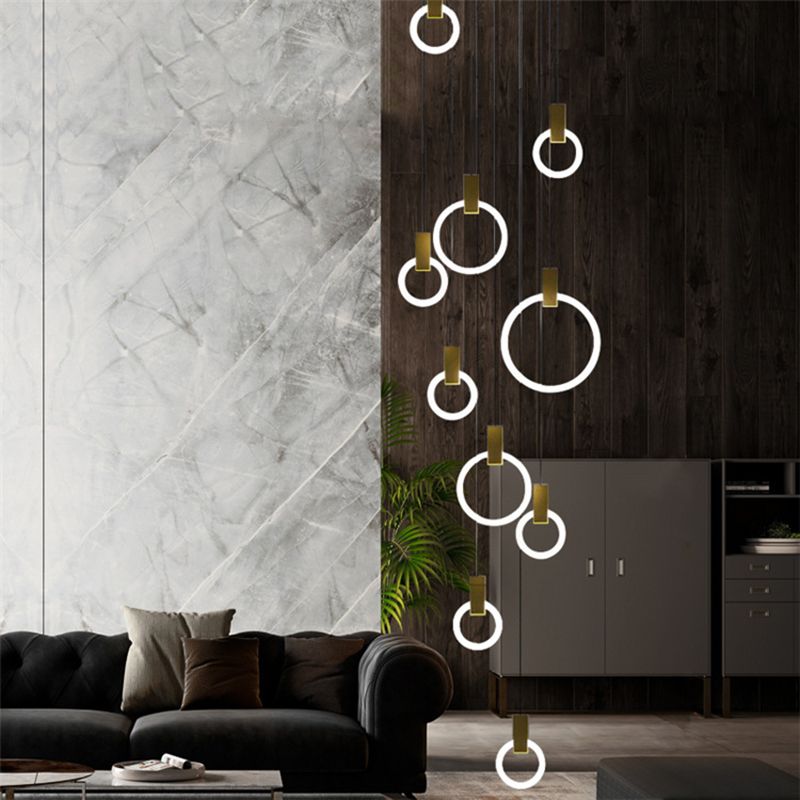 Rings Acrylic Cluster Pendant Light Simple 10 Heads Living Room Hanging Ceiling Lamp in White, Round/Linear Canopy