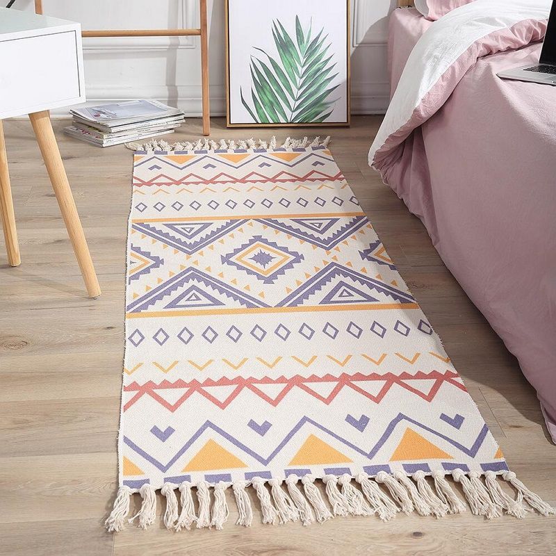 Boho Bedroom Rug Multi-Colored Geo Printed Area Carpet Cotton Easy Care Stain-Resistant Rug with Tassel