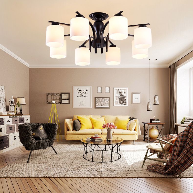 Frosted Glass Cylinder Shade Ceiling Light Wrought Iron Living Room Traditional Style Semi Flushmount Light in Black